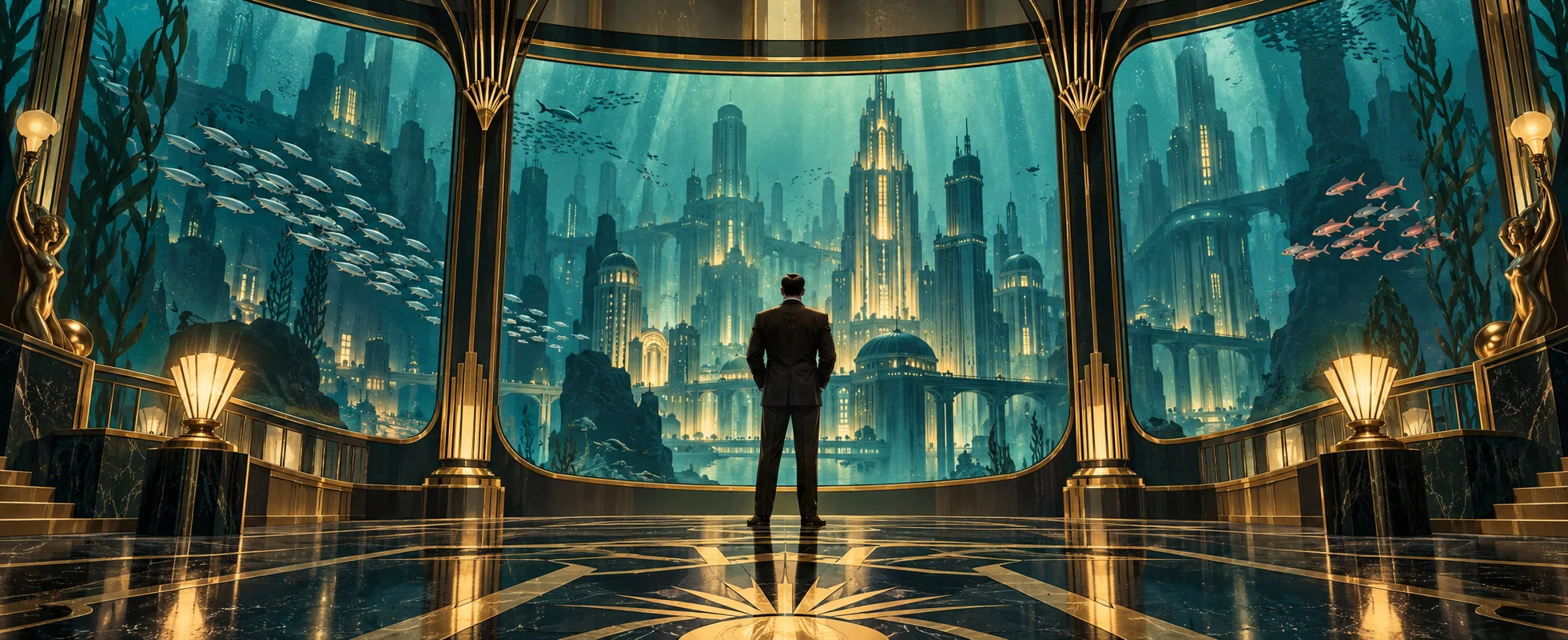 A man stands in an art-deco observation hall before vast windows onto a glowing underwater city.