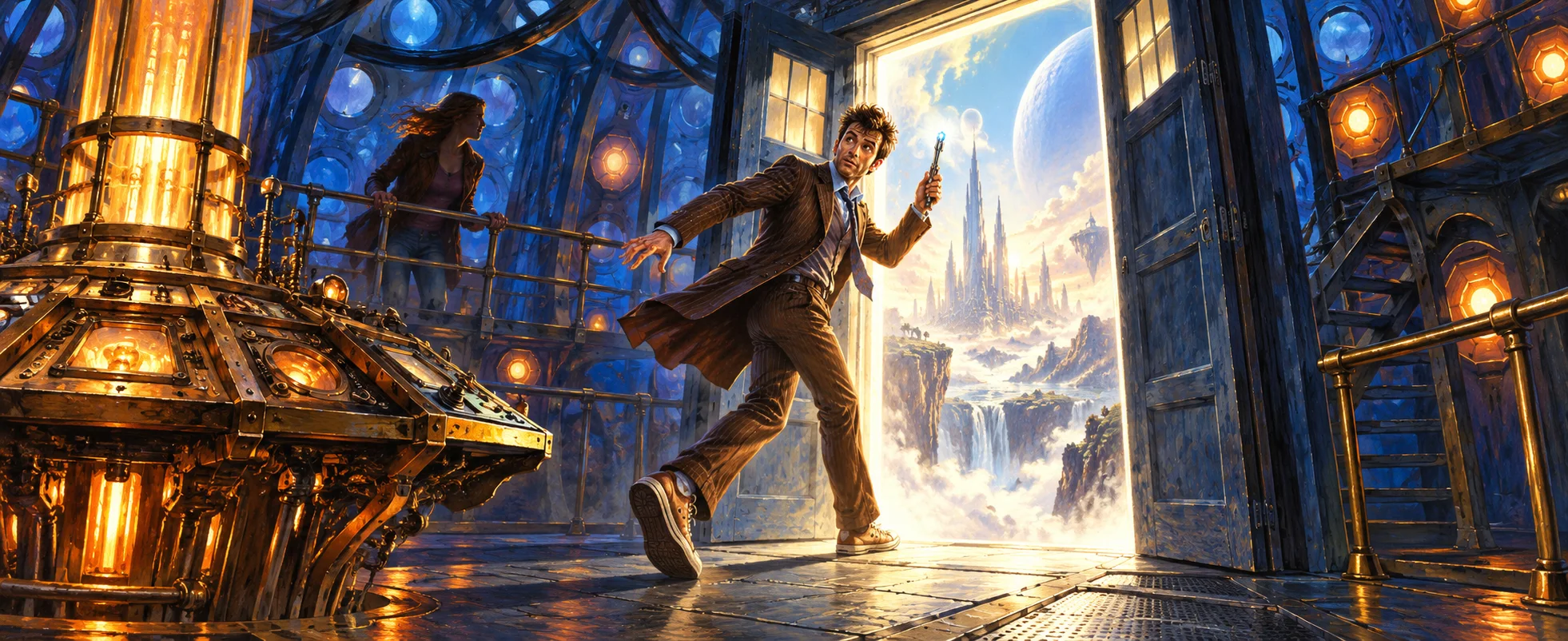 A man in a brown pinstripe suit and trainers bounds from a glowing amber-and-blue time machine console toward open doors onto a bright alien city.