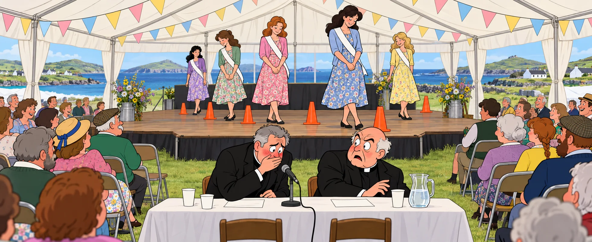 At the Lovely Girls contest in a seaside marquee, Father Ted covers his mouth in embarrassment at the judges' microphone while the priest beside him stares aghast, as contestants in floral dresses and sashes walk round traffic cones on the stage.
