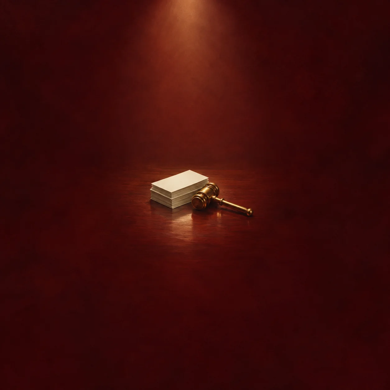 A small brass gavel lies beside a stack of blank papers on dark mahogany.