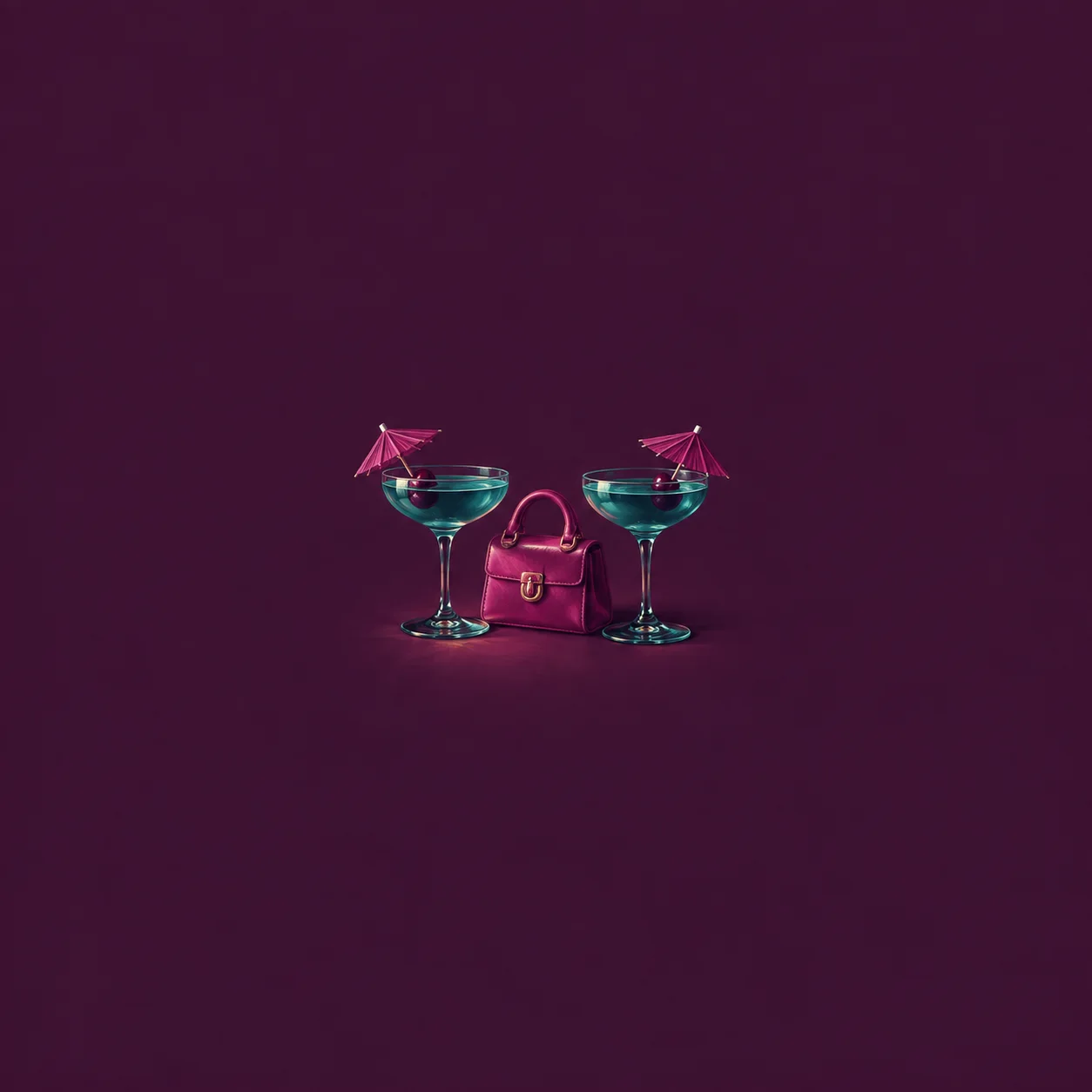 Two teal cocktail glasses with pink paper umbrellas flanking a small magenta handbag against a deep plum background.
