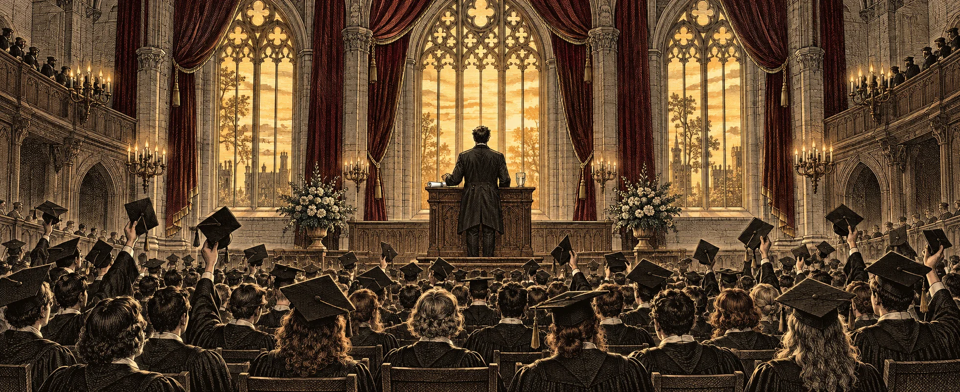 Graduates in gowns throw their caps in a grand gothic hall as a speaker stands at the lectern before tall stained-glass windows.
