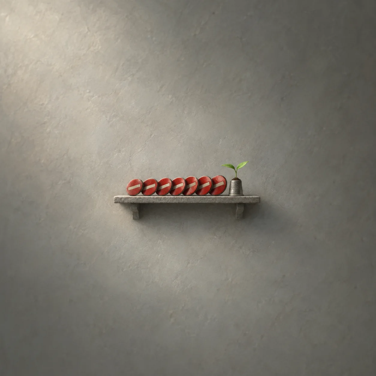 A row of red discs with white horizontal bars on a grey shelf, ending beside a sprout in a metal thimble.