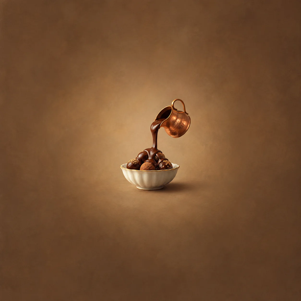 A copper pitcher pouring melted chocolate over round truffles in a white bowl against warm brown.