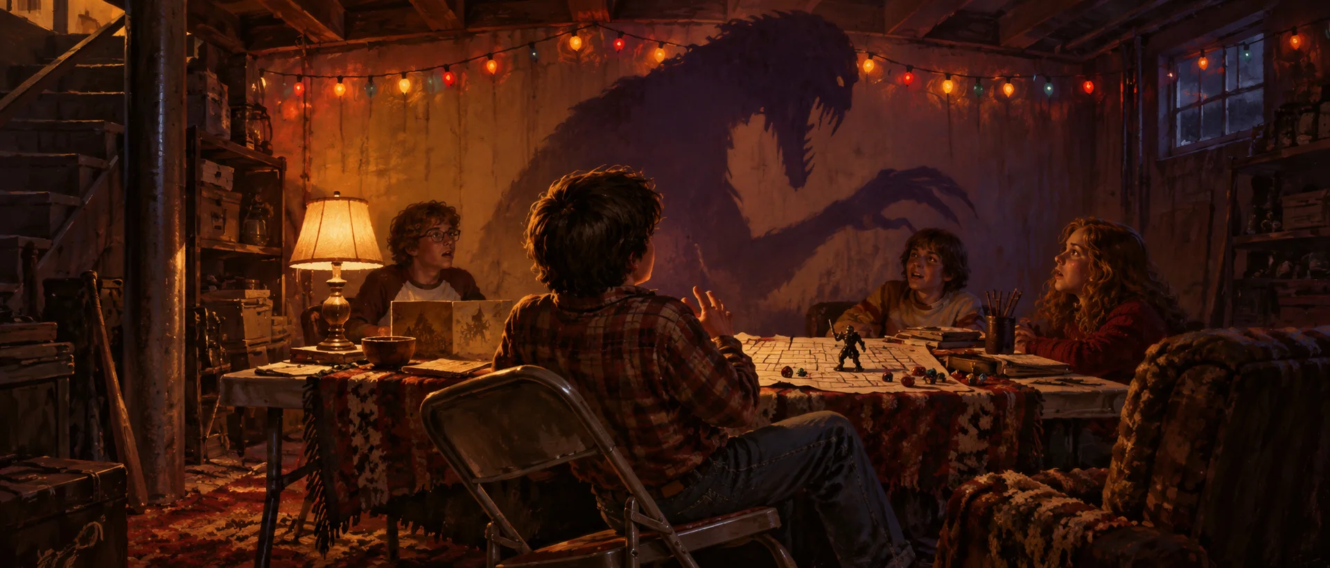 Kids play a board game at a table in a cosy basement under string lights, the shadow of a monster looming on the wall behind them.