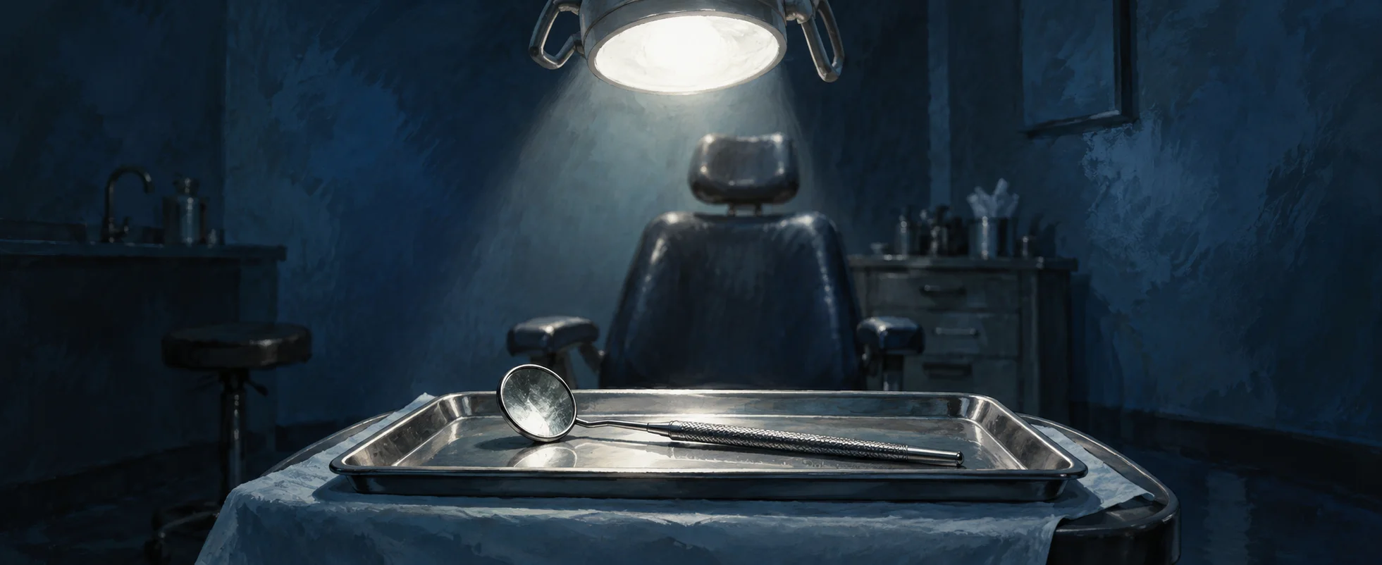 A plain metal dental mirror lies beneath a harsh white lamp in a shadowed blue examination room.