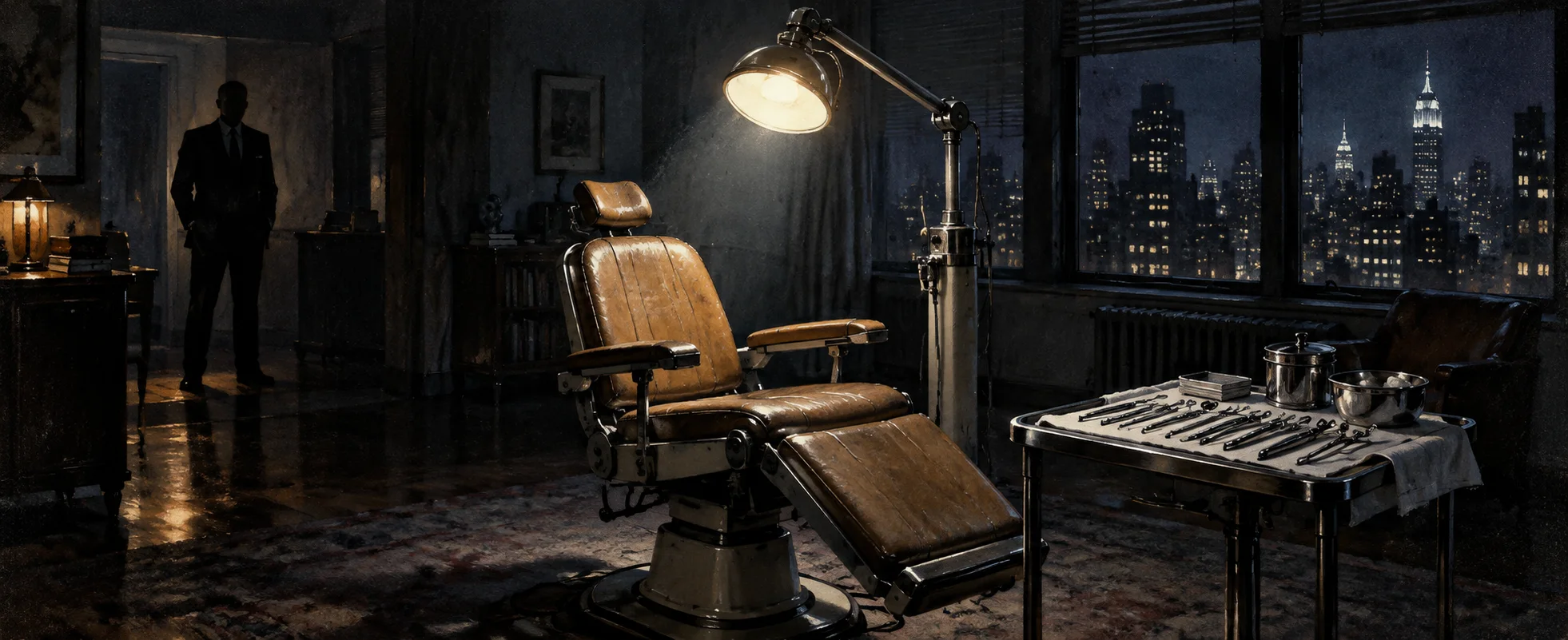 An empty dentist's chair sits under a harsh lamp beside a tray of gleaming instruments in a dark Manhattan apartment, a man in a suit waiting in the shadows.