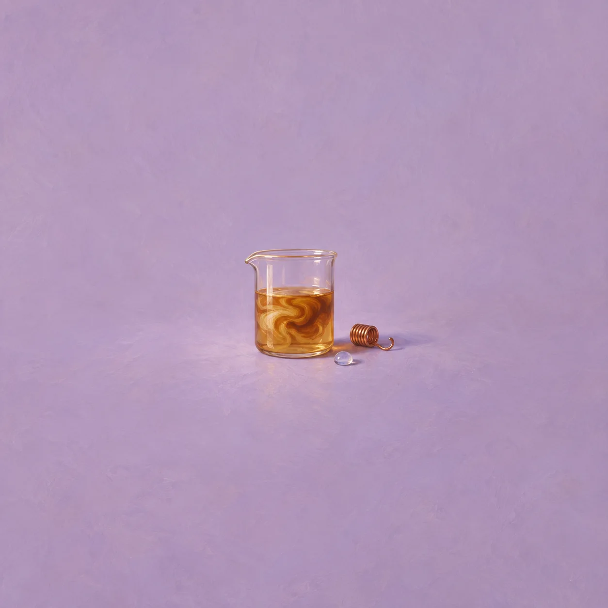 A clear glass beaker holds swirling golden liquid beside a small copper coil and a clear droplet.
