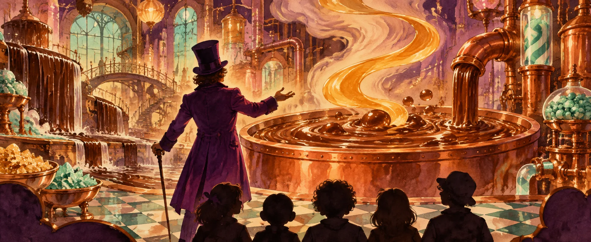 A candy maker in a purple coat and top hat, seen from behind, gestures at a vat of swirling chocolate before a group of children.