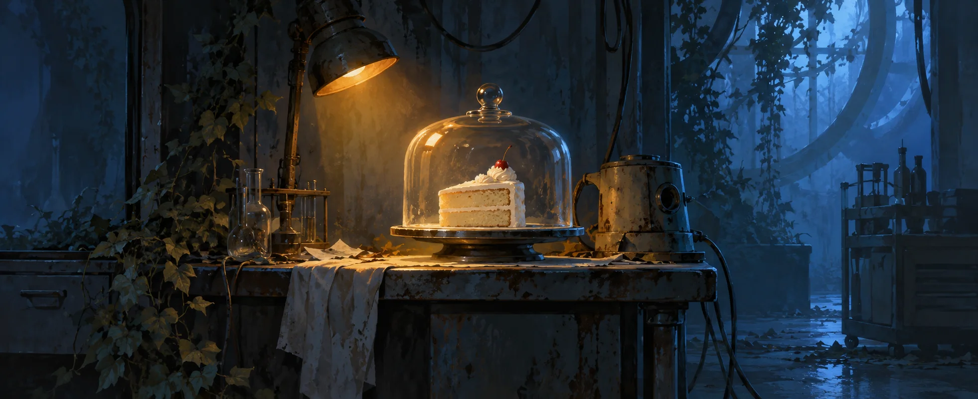 A small white cake sits beneath a glass dome in an abandoned blue-lit laboratory alcove.