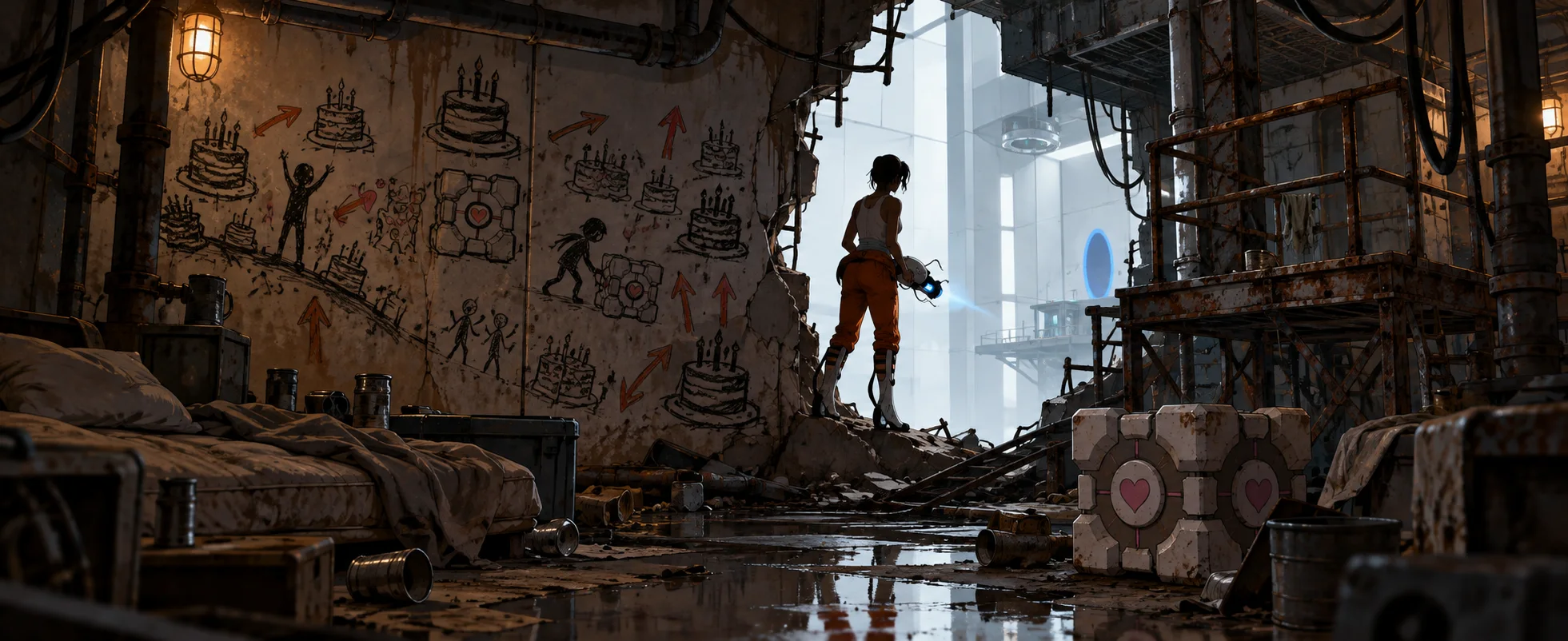 A grimy hidden den behind a test chamber, its walls scrawled with drawings of cakes, a heart-marked cube on the floor and a figure with a portal gun in the gap.