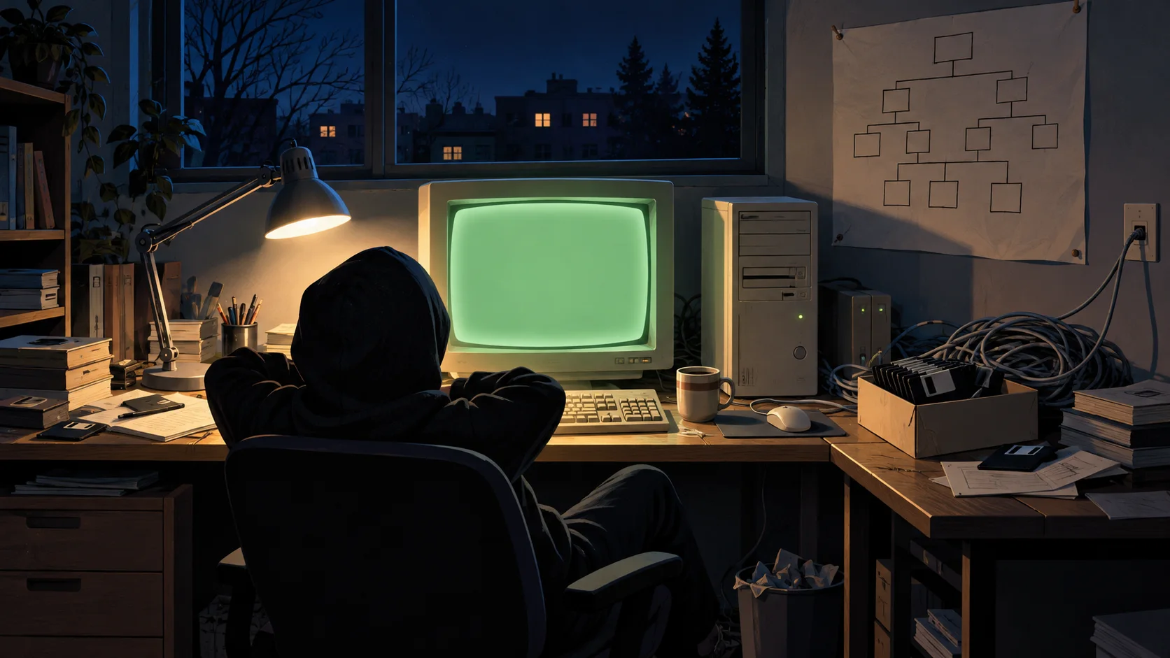 A hooded programmer leans back from a beige PC with a green-screen monitor at a cluttered desk late at night.