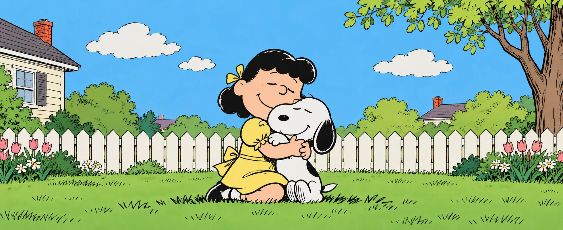 Newspaper-strip illustration: a black-haired girl in a yellow dress kneels on a sunny lawn by a white picket fence, hugging a white beagle with black ears, both blissful.