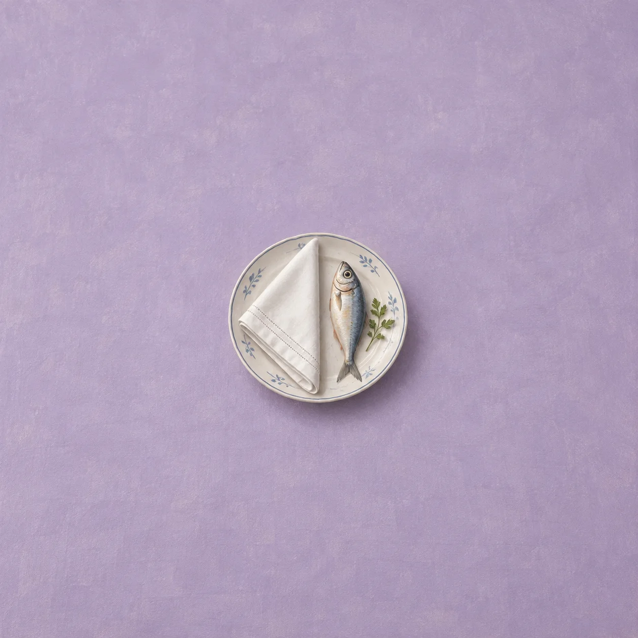 A porcelain plate holds a folded white napkin beside a painted fish and small sprig on lavender.