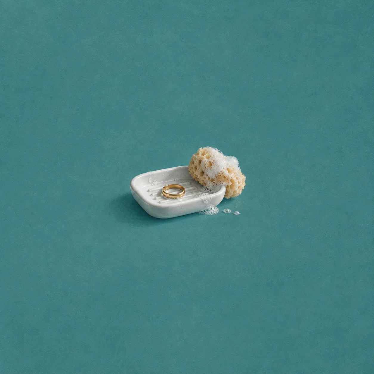 A gold ring rests in a white soap dish beside a foamy sponge on teal.