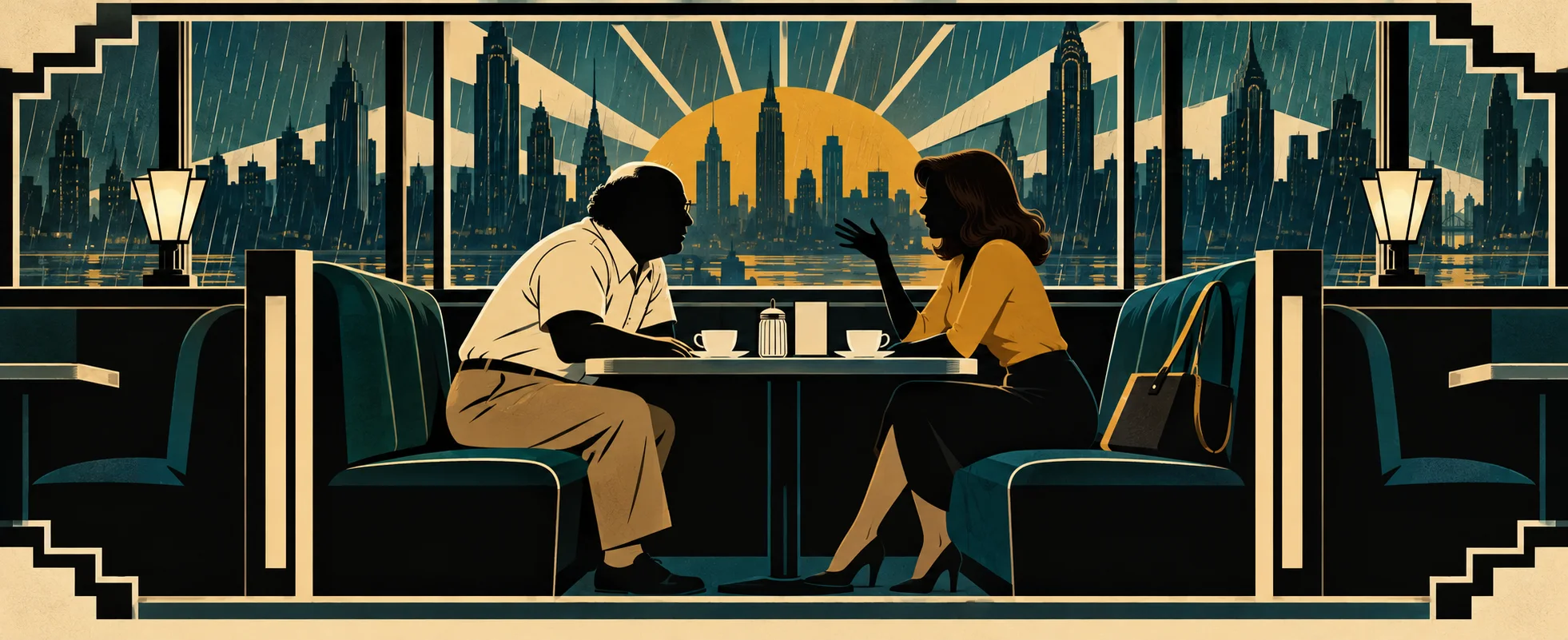 Art deco illustration of a stocky man and a woman with long dark hair talking in a diner booth against a rainy Manhattan skyline, she gesturing breezily as he leans in.