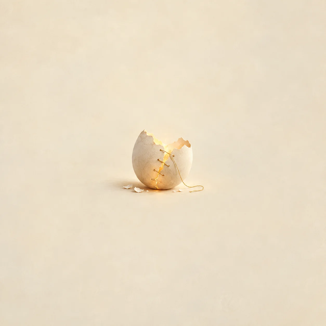 A broken eggshell glows from within, with gold thread stitched across a crack and trailing onto the pale surface beside it.