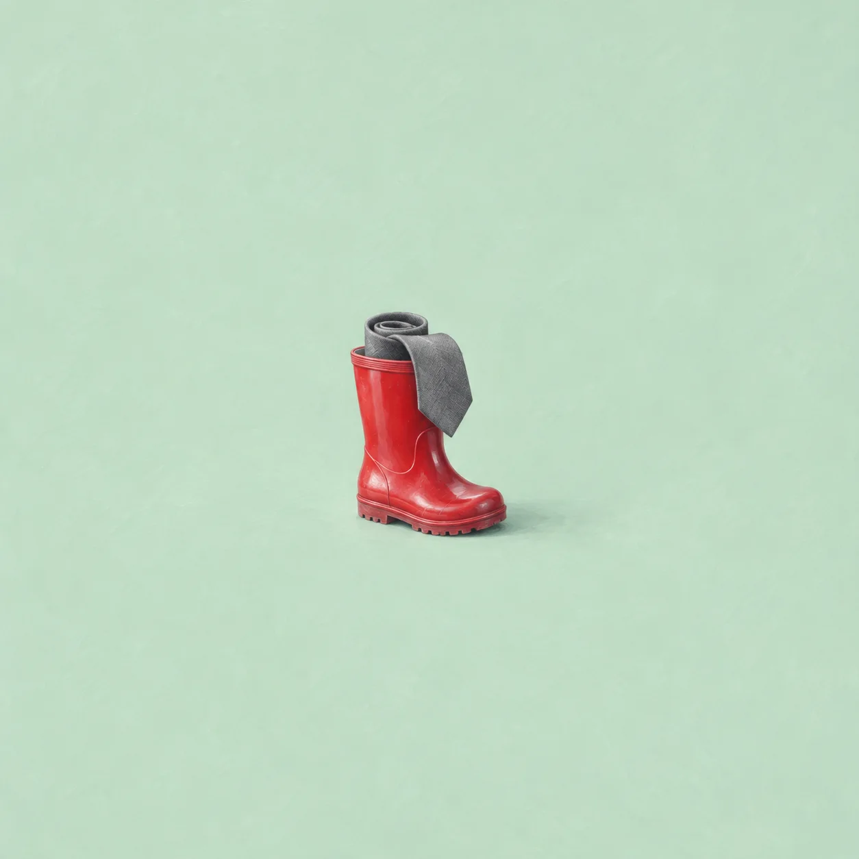 A small red rain boot with a grey necktie tucked inside on a pale mint surface.