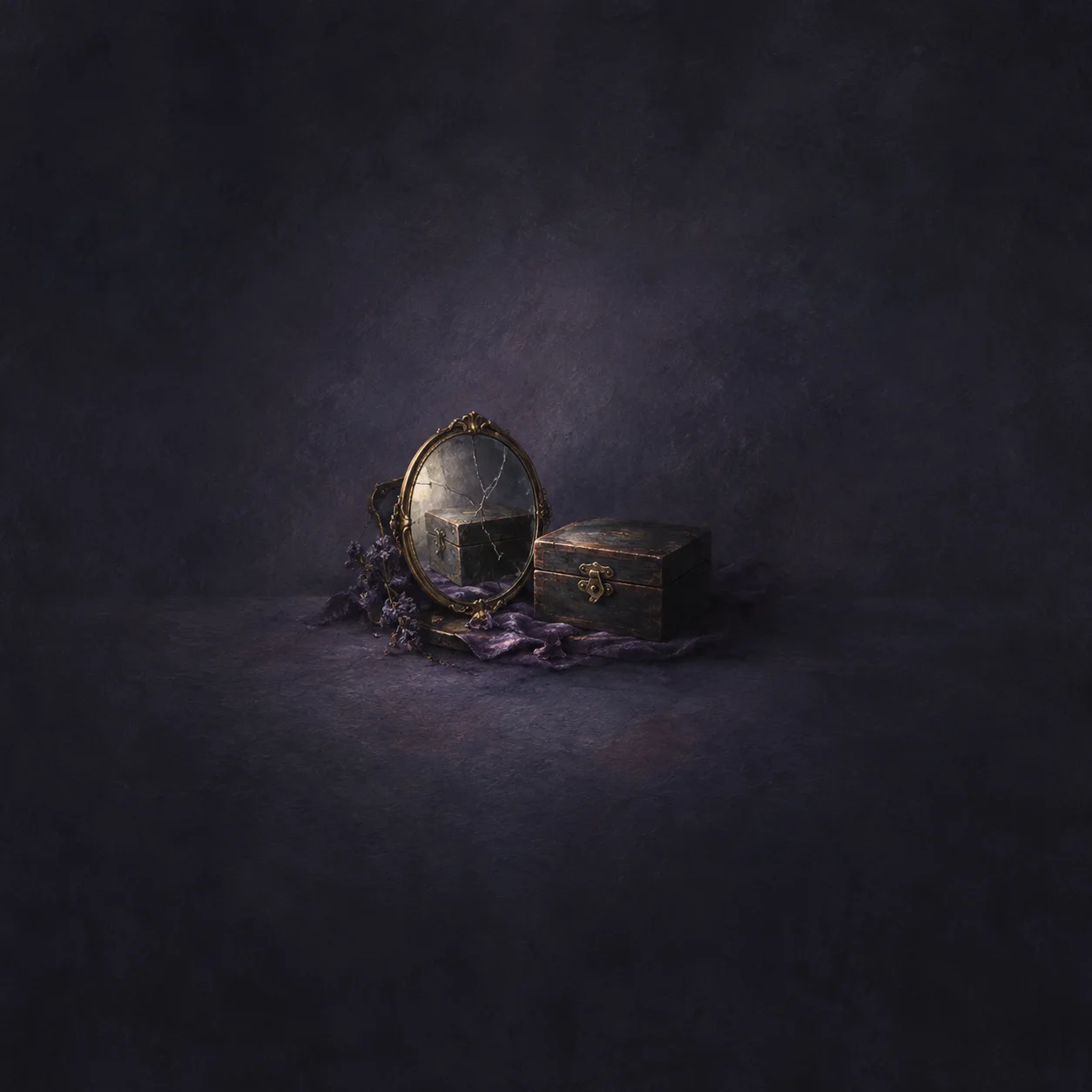 A cracked oval mirror stands beside a dark wooden box, purple ribbon and dried flowers against a deep violet background.