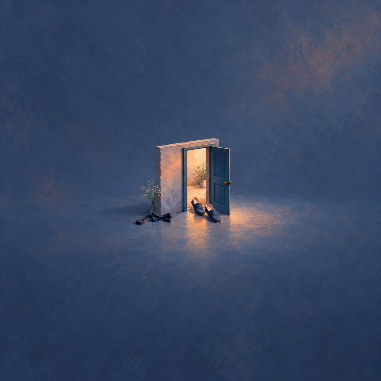 An open blue door reveals warm light, with slippers on its threshold and a loose dark ribbon nearby.