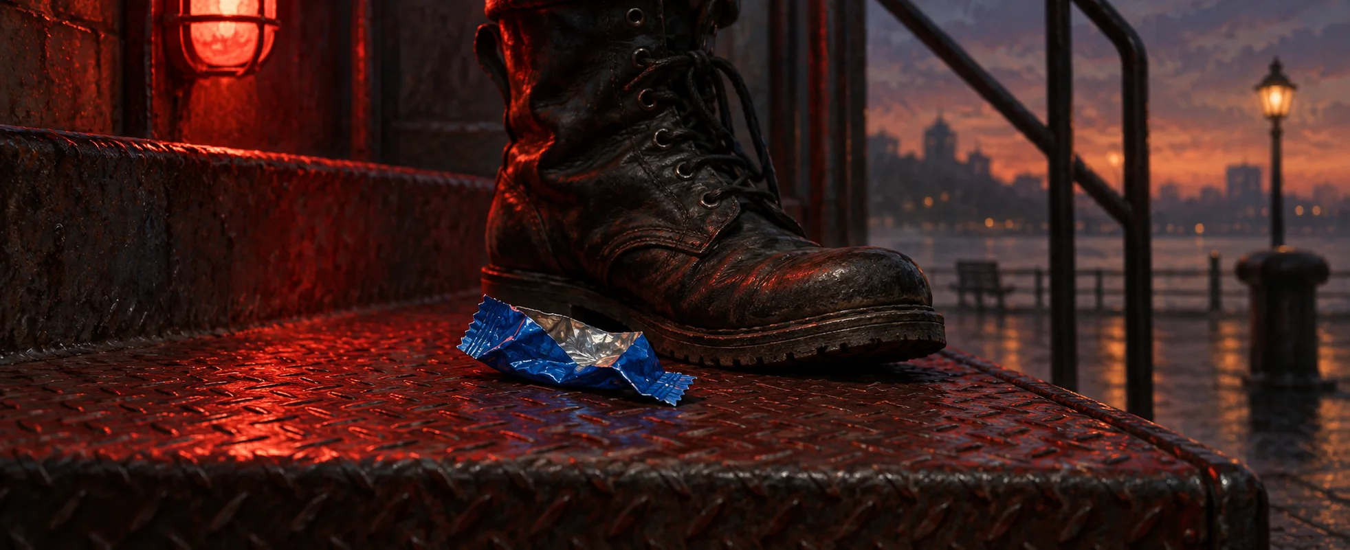 An empty blue gum wrapper rests beside a worn black boot on a red-lit metal step.