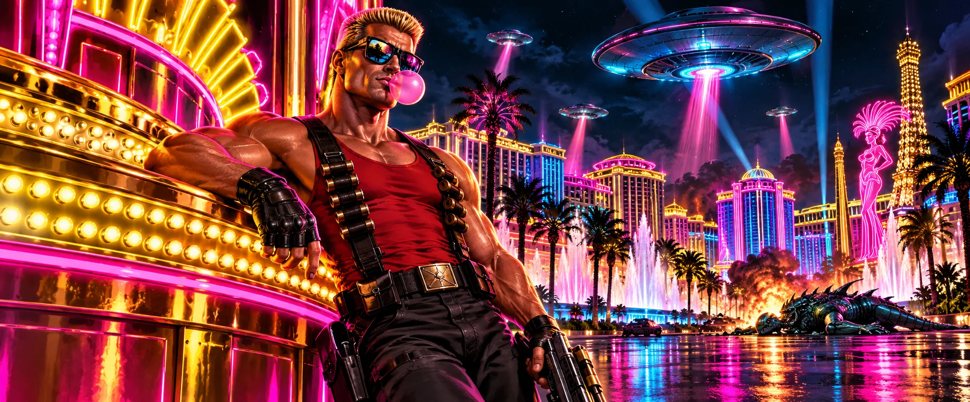 A muscle-bound hero in shades and a red tank top blows a bubblegum bubble against a neon casino sign as flying saucers attack the Las Vegas strip.