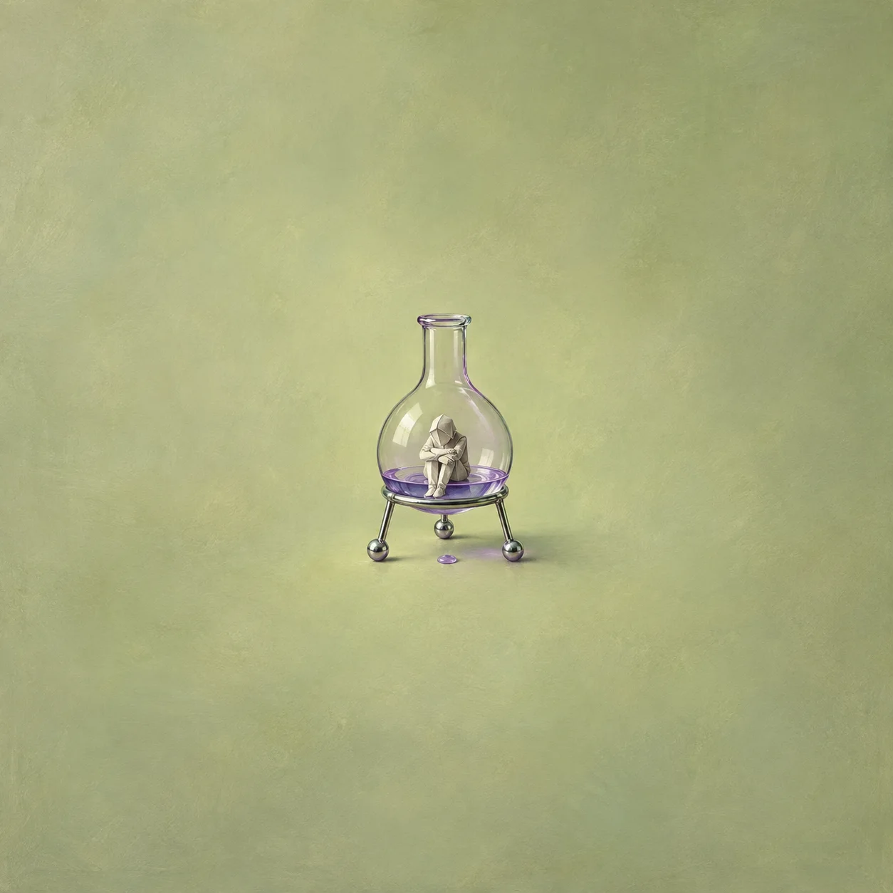 A glass flask on a metal stand contains a folded paper figure, with lilac liquid pooled inside and a drop below.