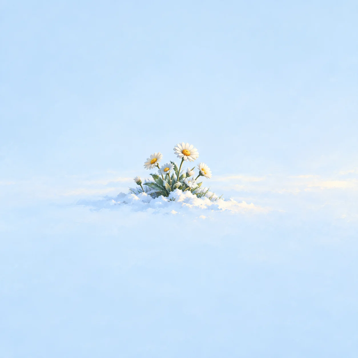 White daisies emerging from a small mound of snow against a pale blue background.