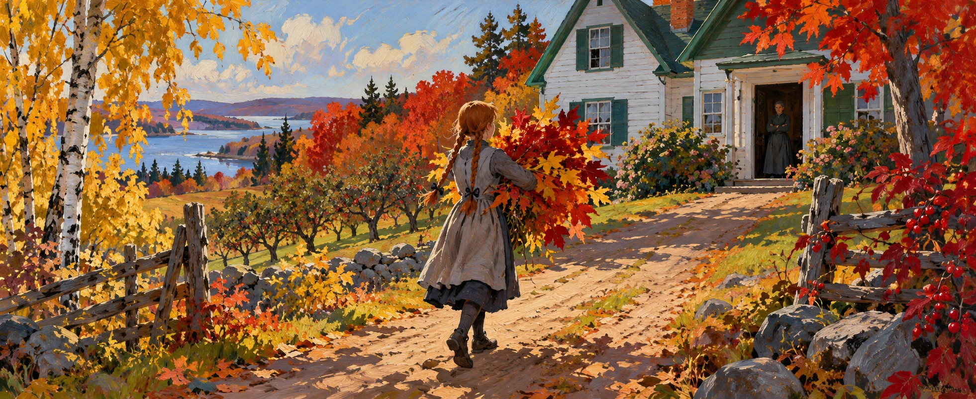Painting: a red-haired girl in a pinafore carries an armful of autumn maple leaves down a lane towards a white farmhouse.