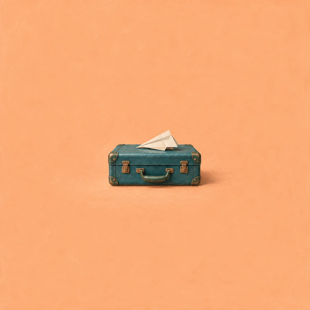 A white paper aeroplane rests on a small teal suitcase against apricot orange.