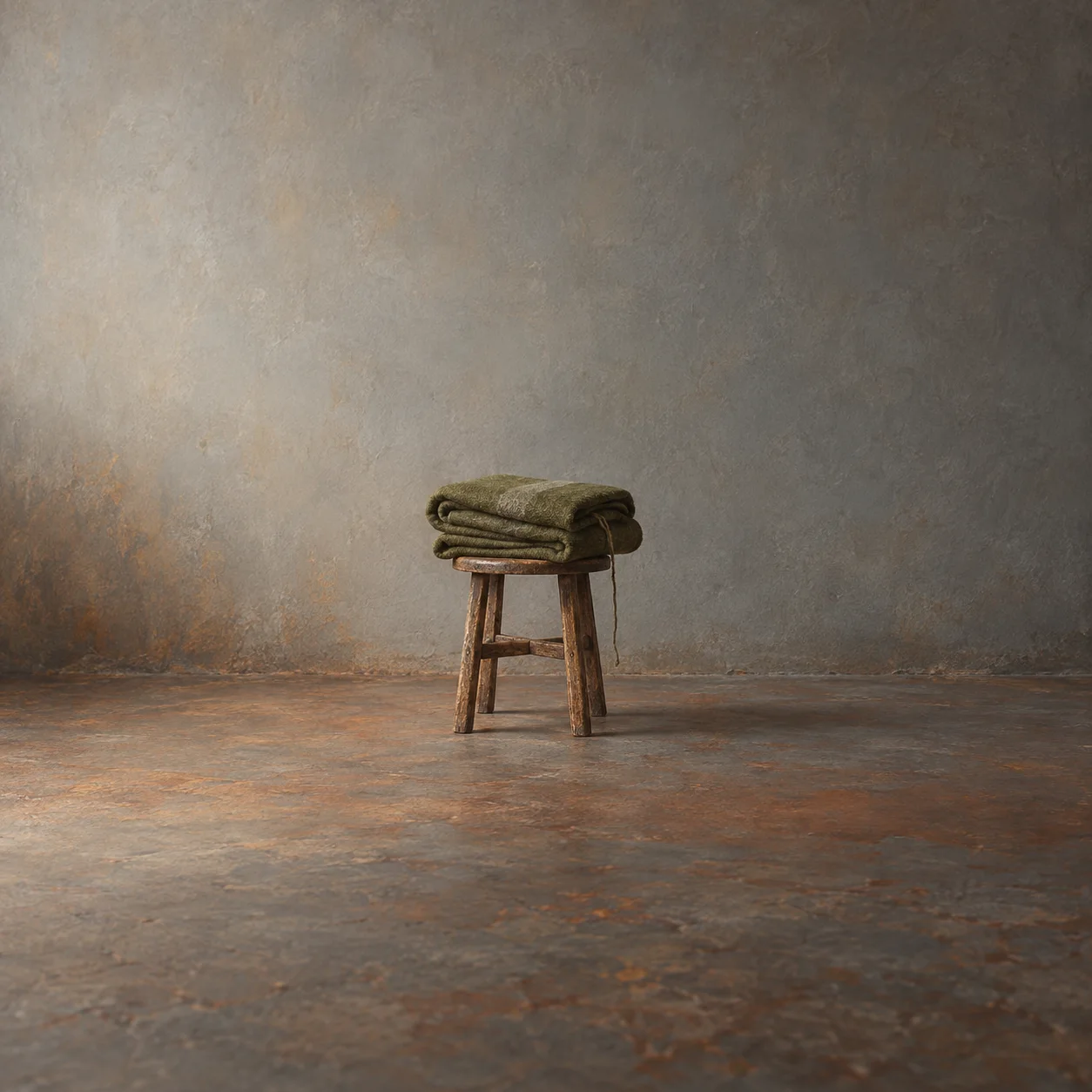 A folded olive wool blanket rests on a small wooden stool against a grey wall.