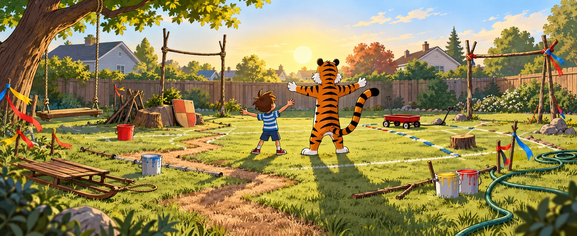 A small boy in a striped shirt and a tiger stand in a sunny backyard criss-crossed with strange chalk lines, flags and props of a made-up game.