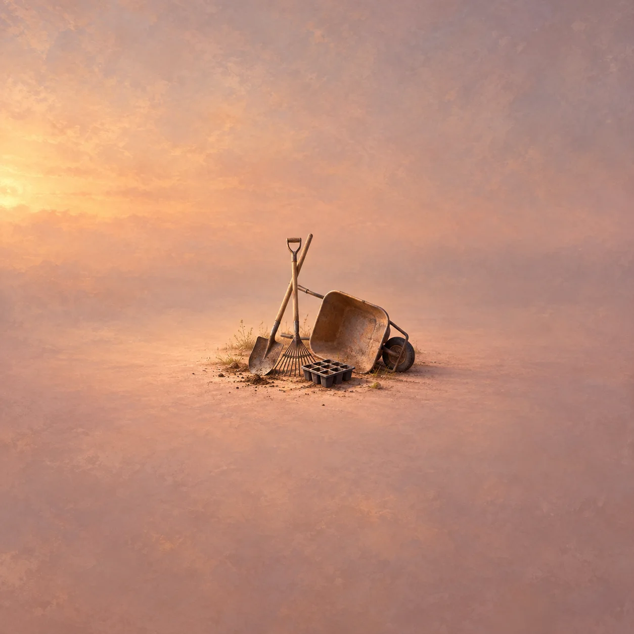 A shovel and rake lean beside a tipped wheelbarrow and an empty seed tray in warm rose-gold light.