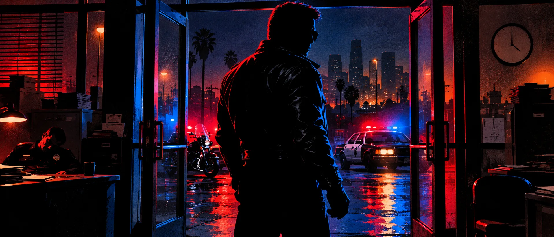 A towering figure in a black leather jacket stands in the glass doorway of a police station at night, lit by red and blue patrol lights.
