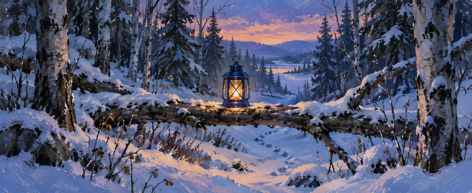 A blue lantern glows on a snowy fallen branch in an indigo woodland at twilight.