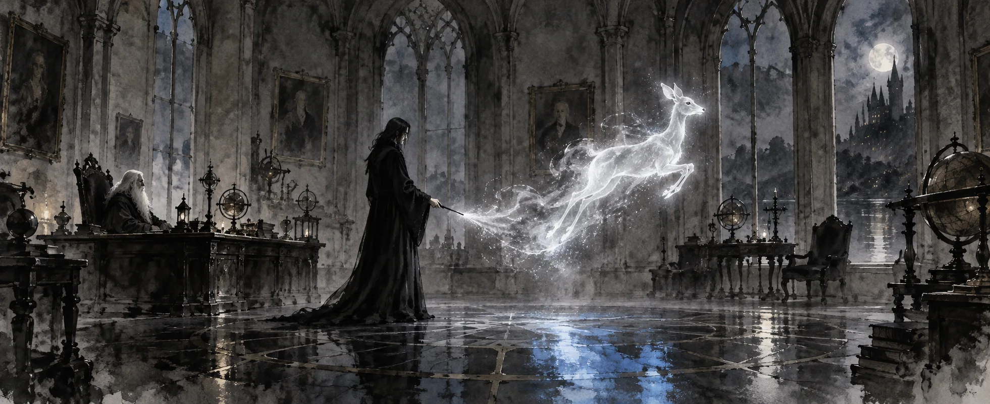 A silver doe of light leaps from a black-robed man's wand in a moonlit headmaster's office as an old wizard watches.