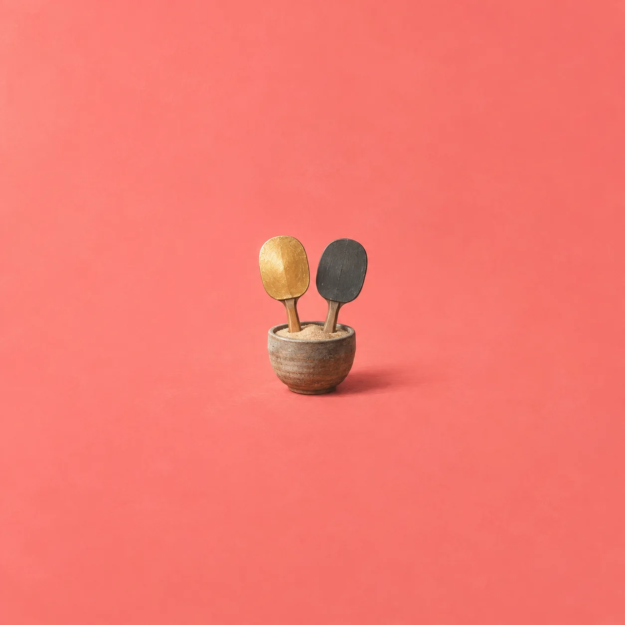 Two small paddles, one gold and one charcoal, stand in a pot of sand against coral pink.