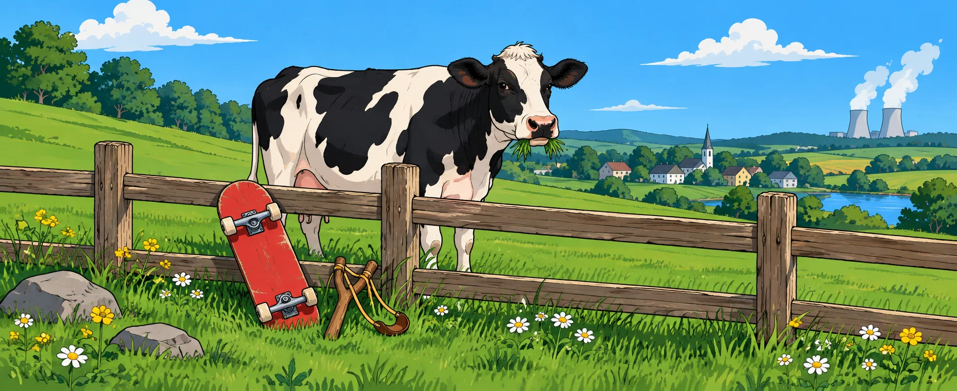 A black-and-white cow stands behind a wooden fence on a sunny cartoon hillside, a red skateboard and a slingshot left in the grass, cooling towers on the horizon.
