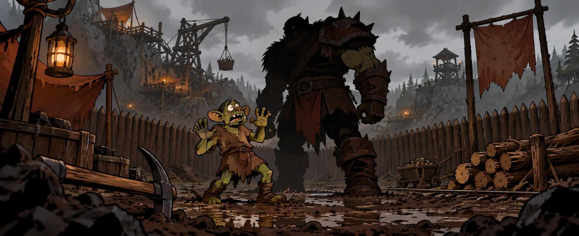 A tiny green orc worker throws up his hands at a towering brute in a muddy war camp.