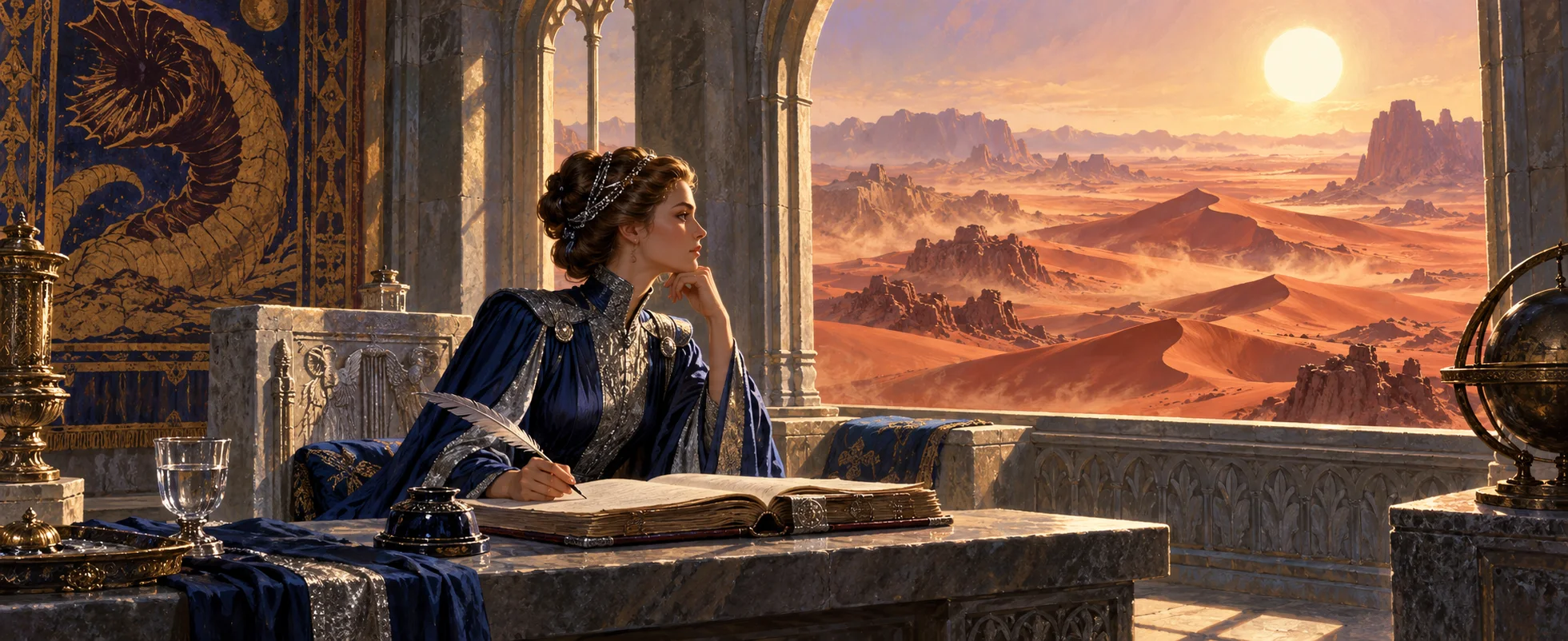 A princess in a dark blue gown writes in a heavy book at a stone desk, gazing out of an arched window at a vast desert of dunes.