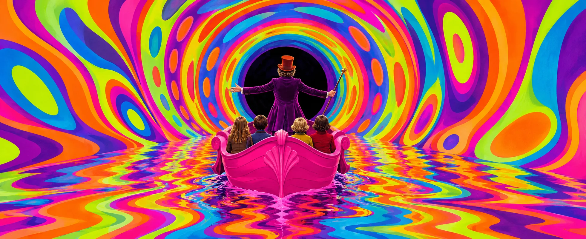A pink paddle boat carries four children into a swirling psychedelic tunnel of neon colour, with Willy Wonka standing at the bow, arms spread, top hat and cane raised.