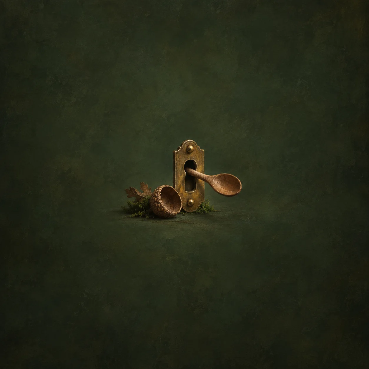 Painterly wooden spoon projecting from a brass keyhole plate beside an acorn and oak leaves.