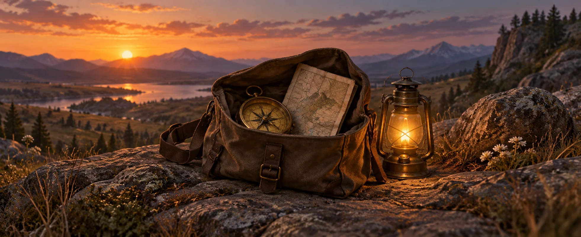 An open plain field pouch holds a compass and a folded map beside a low amber lamp.