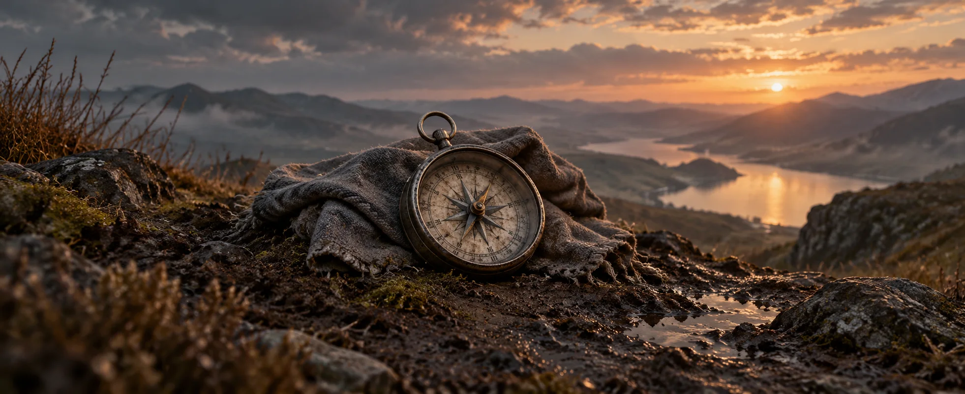 A tarnished silver compass rests beside a draped grey cloth on a dark muddy ridge.