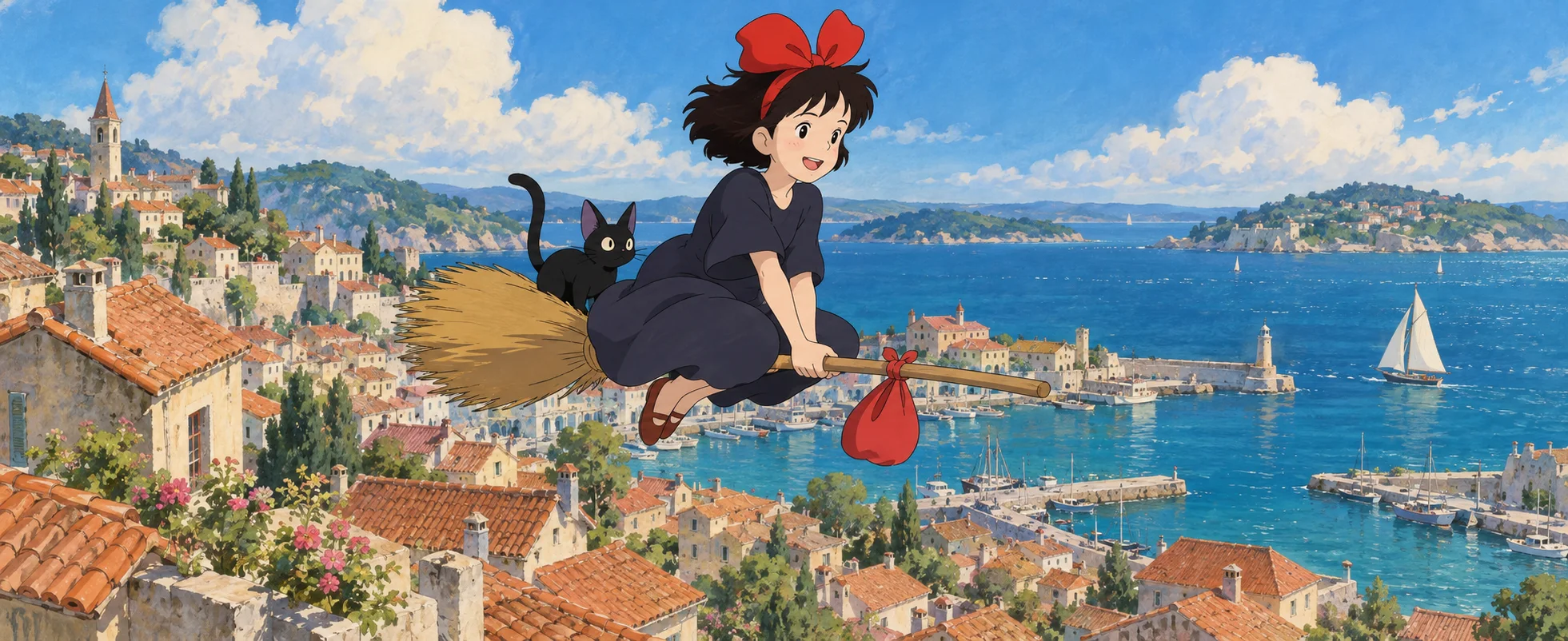 Painterly illustration of a young witch in a dark dress and big red bow flying on a broom with a black cat above the red rooftops of a seaside town, a sailboat on the bright bay below.
