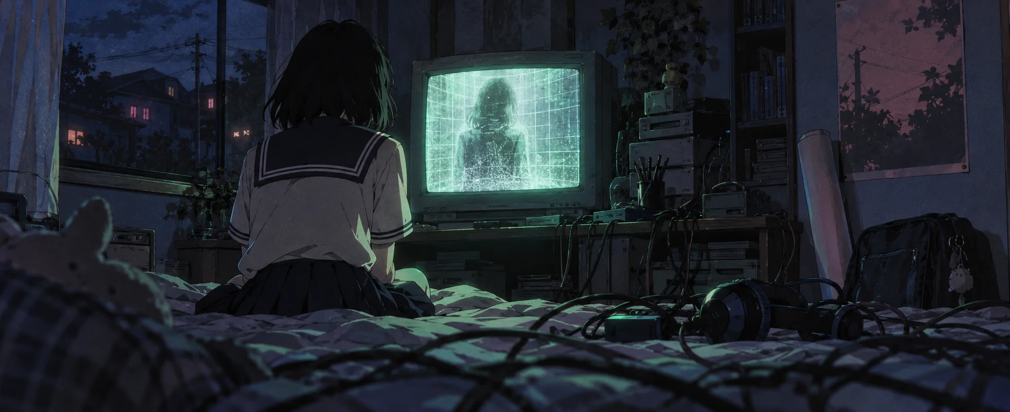 Anime-style illustration of a schoolgirl in a sailor uniform seen from behind on her bed in a dark room, lit by a glowing green CRT monitor and tangled cables.