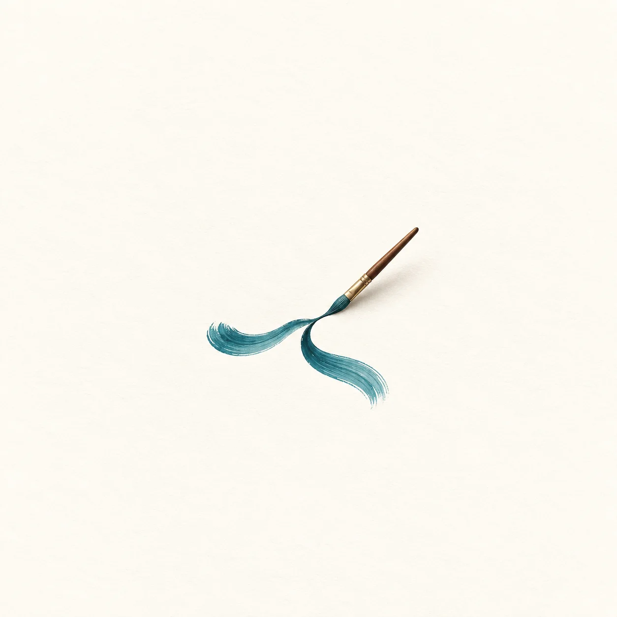 A small paintbrush drawing a curling teal stroke that divides into two, on a warm white background.