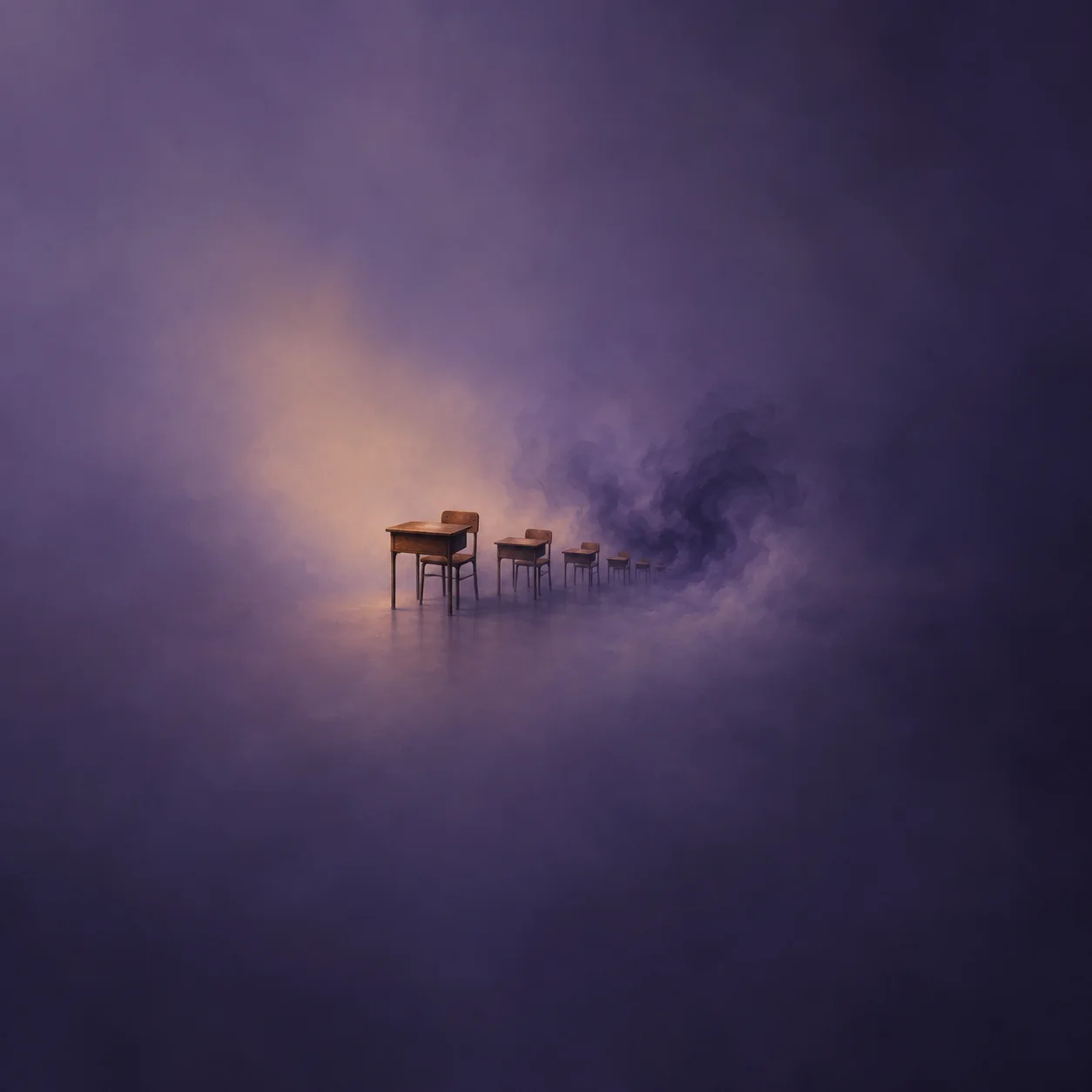 Painterly school desks receding into swirling dark violet mist.