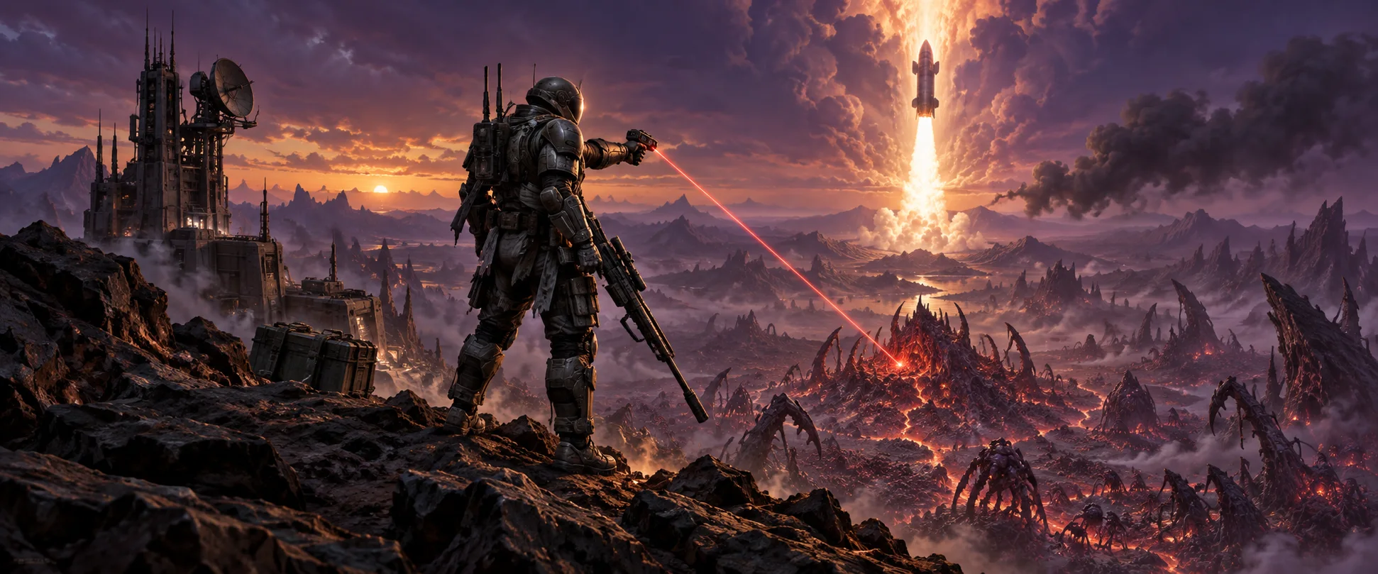 An armoured Ghost operative on a ridge aims a red laser at an alien hive in the valley below as a nuclear missile streaks down through a purple dusk sky.