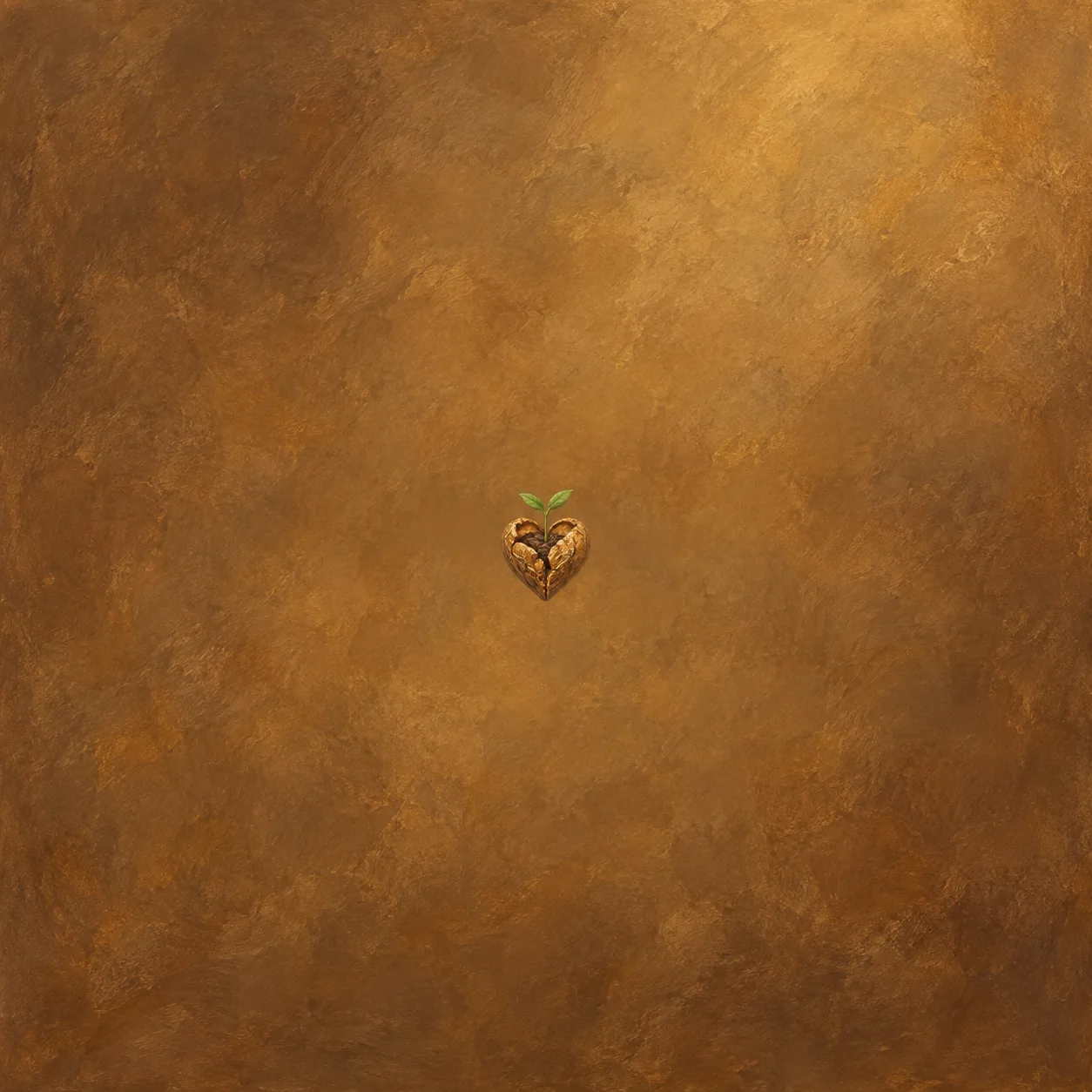 A gold-brown heart-shaped seed sculpture with a short green sprout on an earthy golden background.
